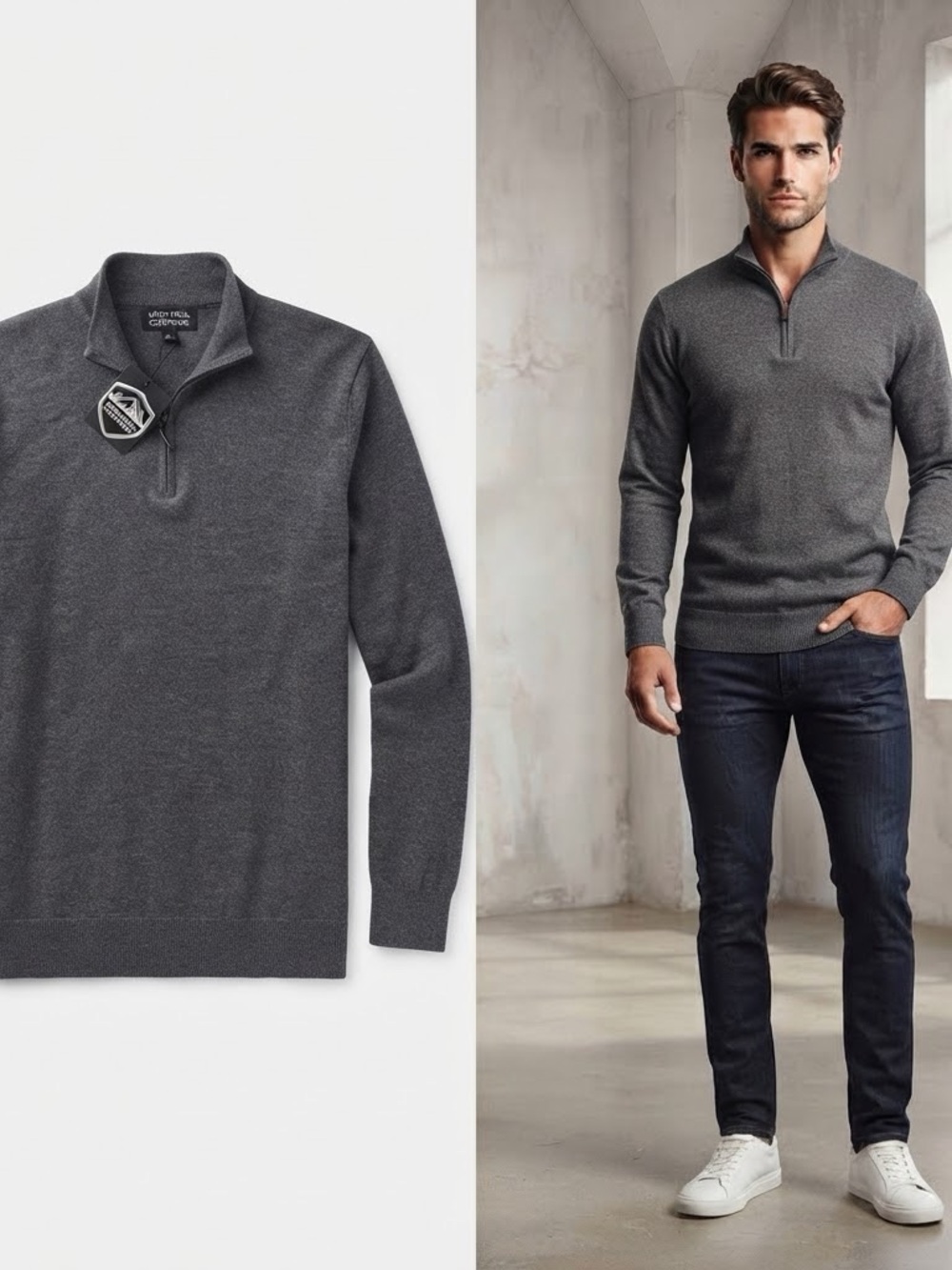 Men's Zip-Neck Sweater in Charcoal Gray XL